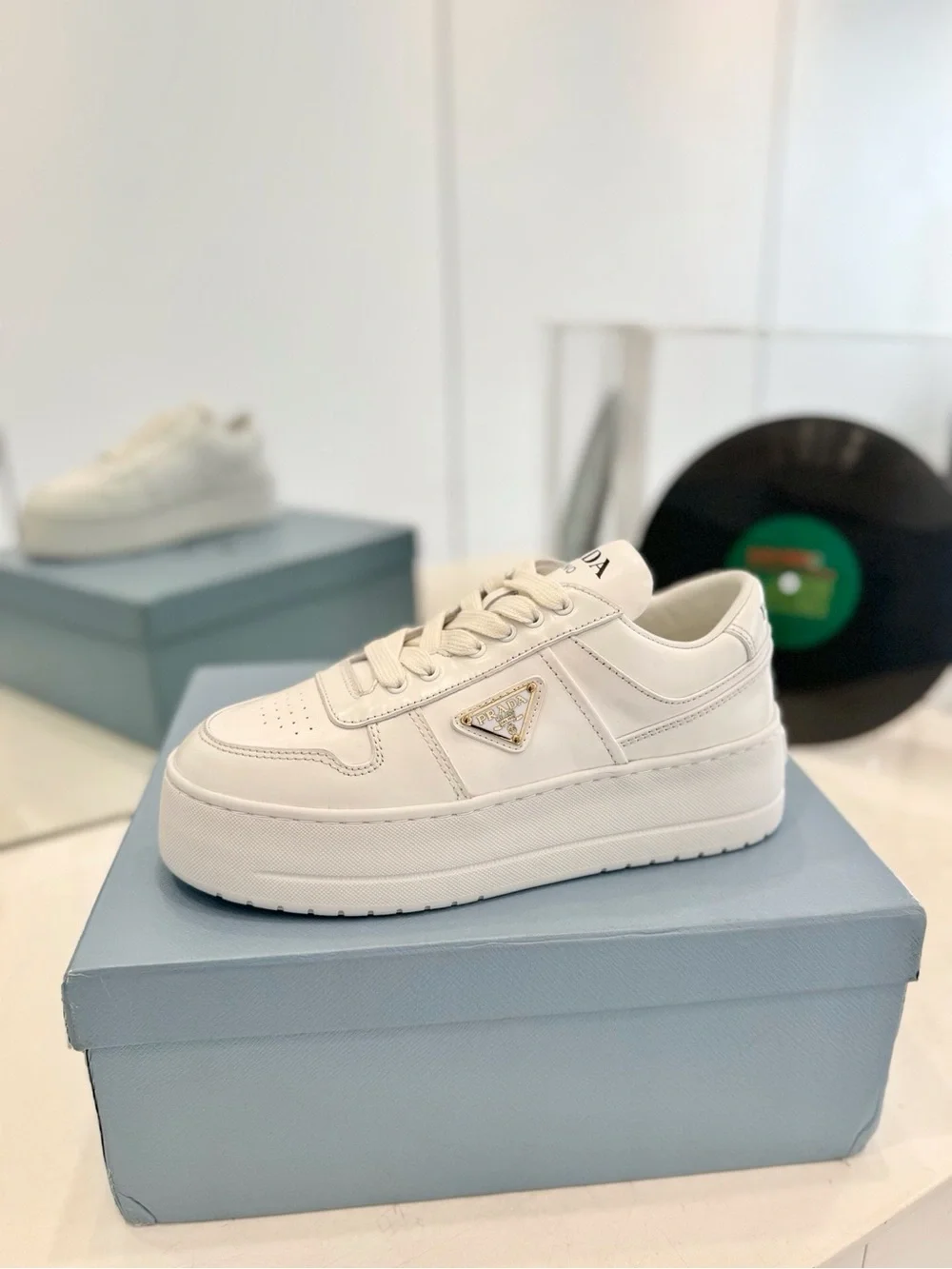 White Leather Platform Lace-Up Sneakers with Gold Triangle Accent